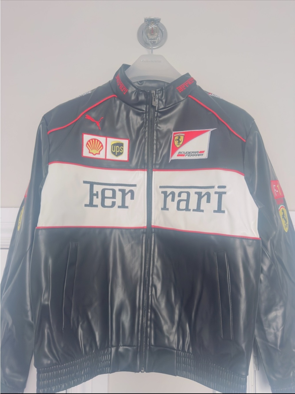 Ferrari Black and White Racing Logo Bomber Jacket with Red Trim
